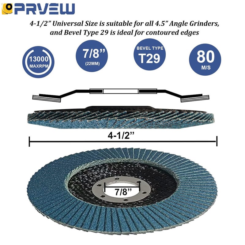 PRVEW Flap Discs 4 1/2 Inch, 5-Pack 4.5" x 7/8" T29 Premium Zirconia Abrasive Grinding Wheels, 40/60/80/120 Assorted Grits Flap Sanding Disc for Metal,Stainless Steel - Image 2